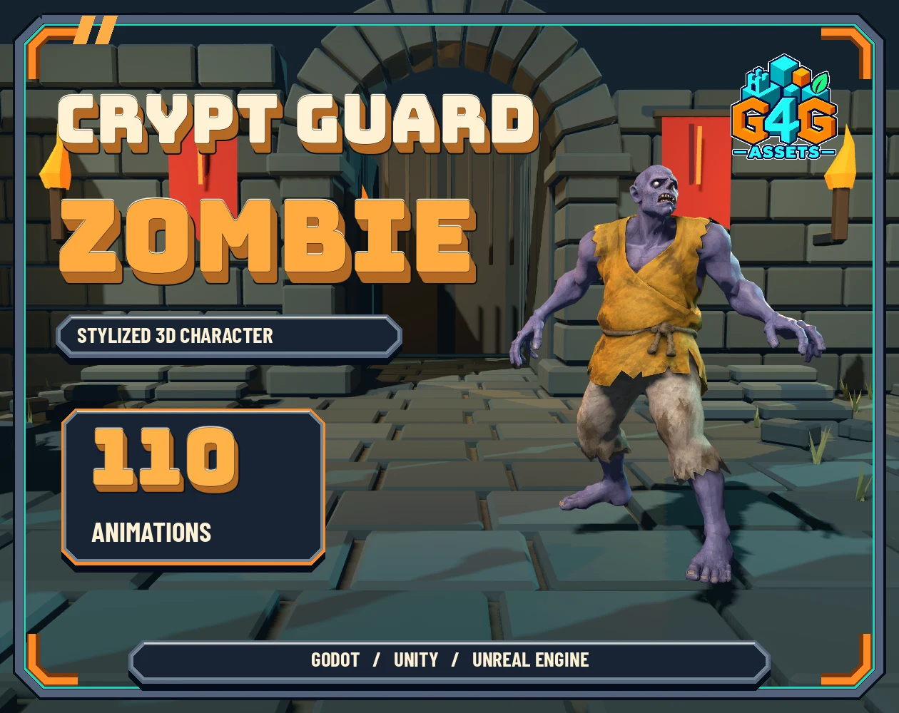 The actual violet-skinned Crypt Guard Zombie in an ochre tunic on the decorative dungeon stage