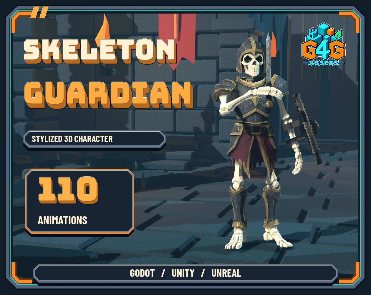 Skeleton Guardian wearing armor with a sword and shield on a decorative dungeon stage