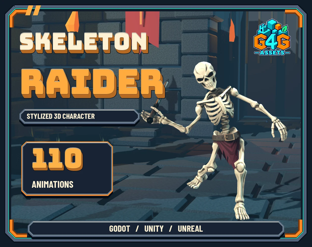 Skeleton Raider character with a sword on a decorative dungeon stage